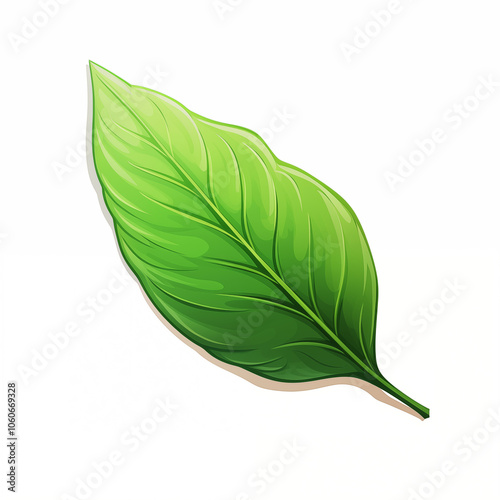 A vibrant green cartoon leaf against a clean white background highlights its detailed veins