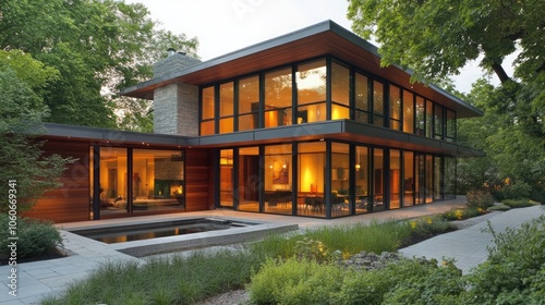 Modern home with large windows and a small pool outside. The home has wood siding and a stone facade.