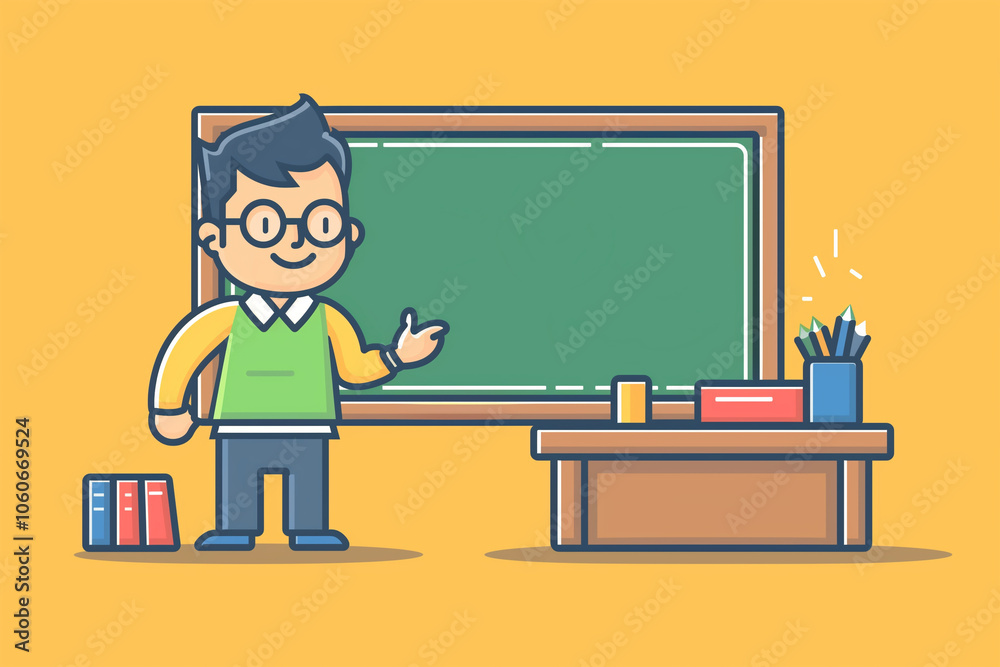 Cute Cartoon Vector Icon of a Teacher at a Chalkboard Explaining with Gestures Cute Cartoon Vector Icon of a Teacher at a Chalkboard Explaining with Gestures