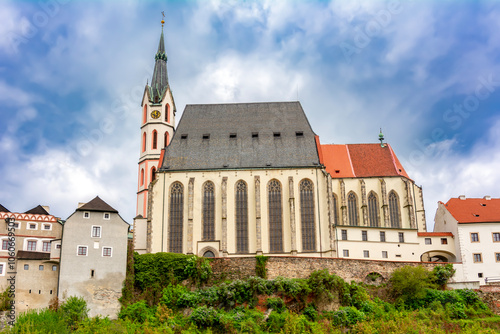 St. Vitus church over old town, Cesky Krumlov, Czech Republic photo