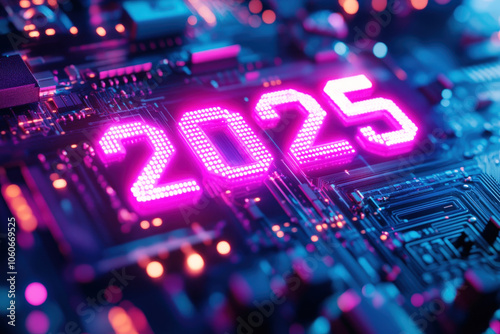 A vibrant circuit board displays the year 2025 with illuminated numbers in neon colors, highlighting advanced technology themes photo