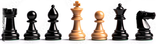 This image features a lineup of chess pieces including both black and tan colors representing the intricate and strategic game of chess often referred to as the game of kings.