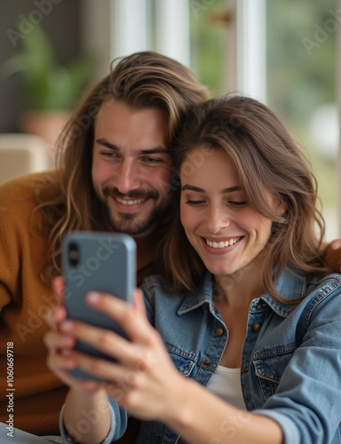 Young couple relaxes together happily taking selfies on their phones.