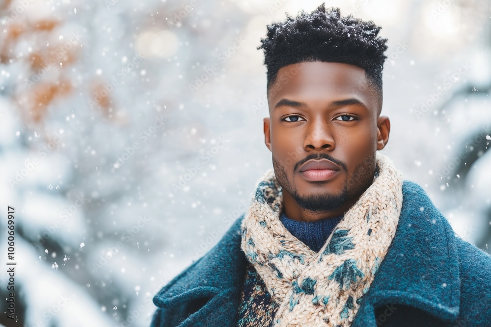 black man wearing cozy winter outfit with layered fashion, featuring a floral nature-inspired print sweater, oversized scarf, and long wool coat; deep, earthy and blue tones and soft textures black man wearing cozy winter outfit with layered fashion, featuring a floral nature-inspired print sweater, oversized scarf, and long wool coat; deep, earthy and blue tones and soft textures