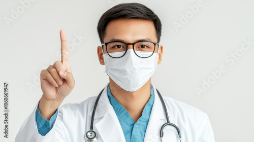 Handsome Asian doctor wearing white coat, blue shirt, and mask, signaling with one finger. He exudes confidence and professionalism in clinical setting