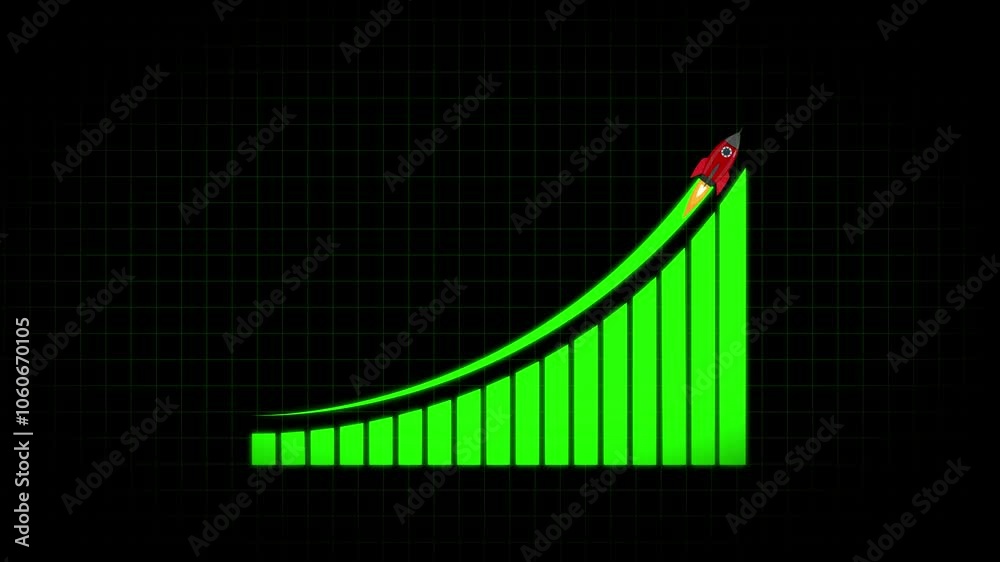 Finance business graph chart icon animation. Arrow Rising On Graph With rocket Sale Symbolize. Business graph icon showing growth. Finance business graph chart icon animation. Arrow Rising On Graph With rocket Sale Symbolize. Business graph icon showing growth.