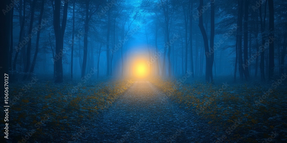 Fototapeta premium A Path of Light Through a Foggy Forest at Dusk