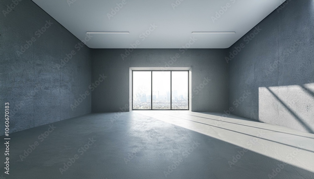 SImple empty concrete gallery interior with window and city view, mock up place on walls and daylight. Museum concept. 3D Rendering. SImple empty concrete gallery interior with window and city view, mock up place on walls and daylight. Museum concept. 3D Rendering.