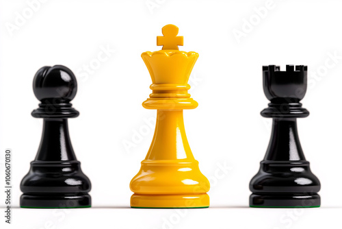 This image showcases a scene with three distinct chess pieces emphasizing the strategic depth and competitive nature of the game through their unique colors and forms.