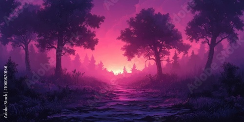 A Forest Path Under a Purple Sunset Sky