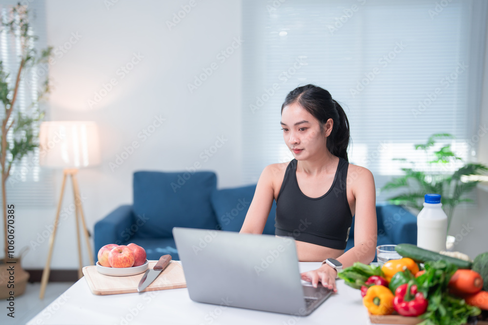 Young asian sportswoman using laptop while sitting at the table with healthy food, fruits and vegetables in the living room, healthy food and eating habits concept Young asian sportswoman using laptop while sitting at the table with healthy food, fruits and vegetables in the living room, healthy food and eating habits concept