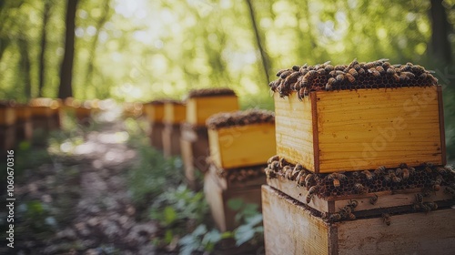 breathtaking view of an apiary with numerous bee hives illustrating the essential role of bees in honey production the scene is vibrant and alive with nature buzzing around