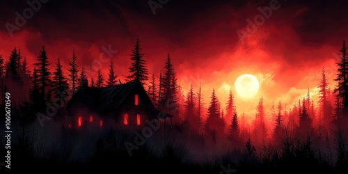 A Silhouetted Cabin with Glowing Windows Amidst a Red-Sky Forest