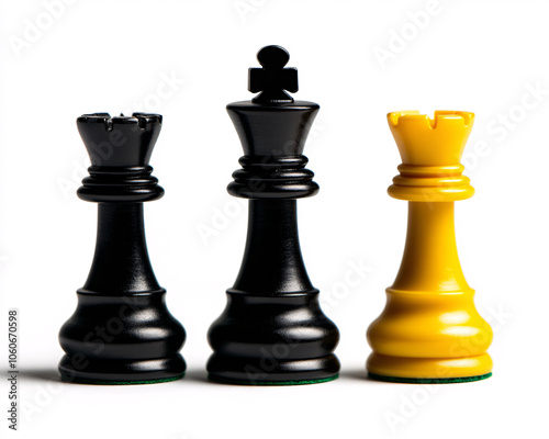 Three distinct chess pieces including a black king a black queen and a yellow rook illustrate the strategic depth and intellectual challenge of chess as players engage in tactical battles.