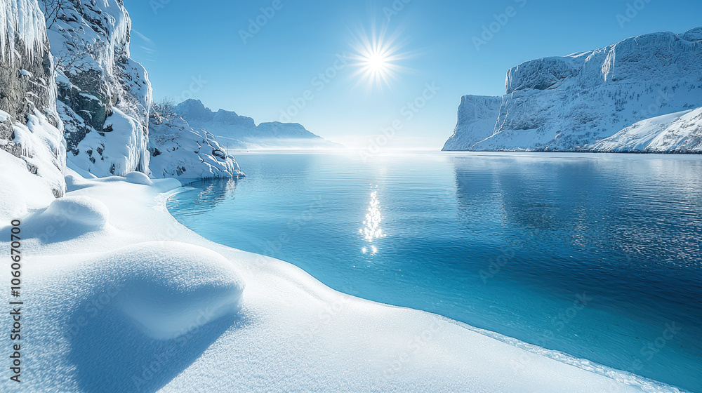 Snow-covered cliffs and a clear blue lake create a peaceful winter vista under the shining sun, inviting a sense of calm and beauty Snow-covered cliffs and a clear blue lake create a peaceful winter vista under the shining sun, inviting a sense of calm and beauty
