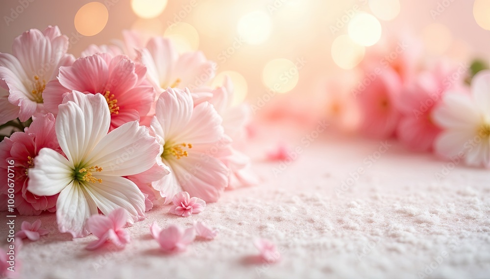 Soft pink flowers on backlight background. Floral banner with place for text. Soft pink flowers on backlight background. Floral banner with place for text.