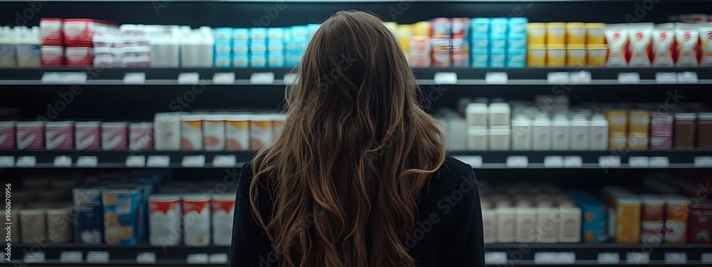 A woman with long hair, standing at a supermarket shelf full of milk products and drinks A woman with long hair, standing at a supermarket shelf full of milk products and drinks