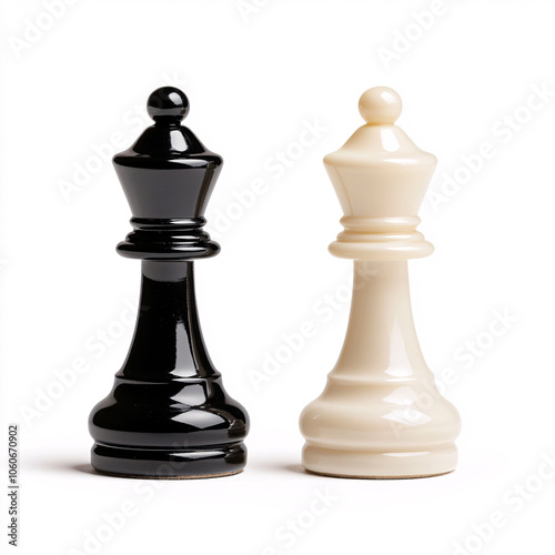 This image captures the intense rivalry between two chess pieces symbolizing strategy intelligence and the classic duel of black versus white in the timeless game of chess. photo