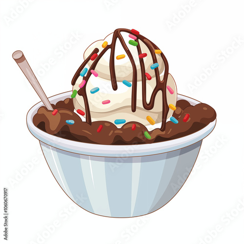 A delicious cartoon dessert featuring ice cream topped with chocolate sauce and sprinkles