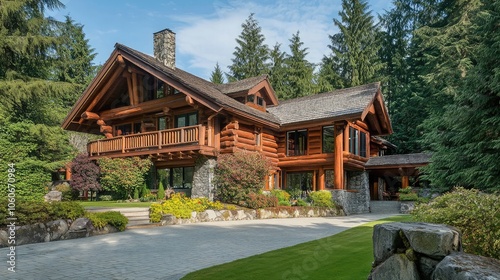 A large, luxurious log cabin nestled amongst the trees, showcasing a picturesque blend of rustic charm and modern elegance.