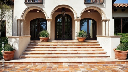 A grand entrance to a beautiful home with a set of steps leading up to a set of double doors with arched entryways and a lantern above. photo