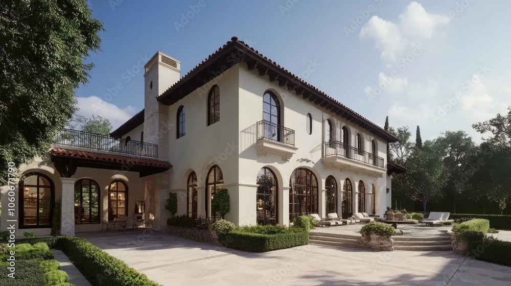 Fototapeta premium A large white modern mansion with a tiled patio and a lush green lawn.