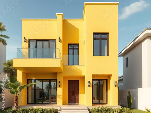 Modern luxury villa exterior in minimal scandinavian style, yellow color