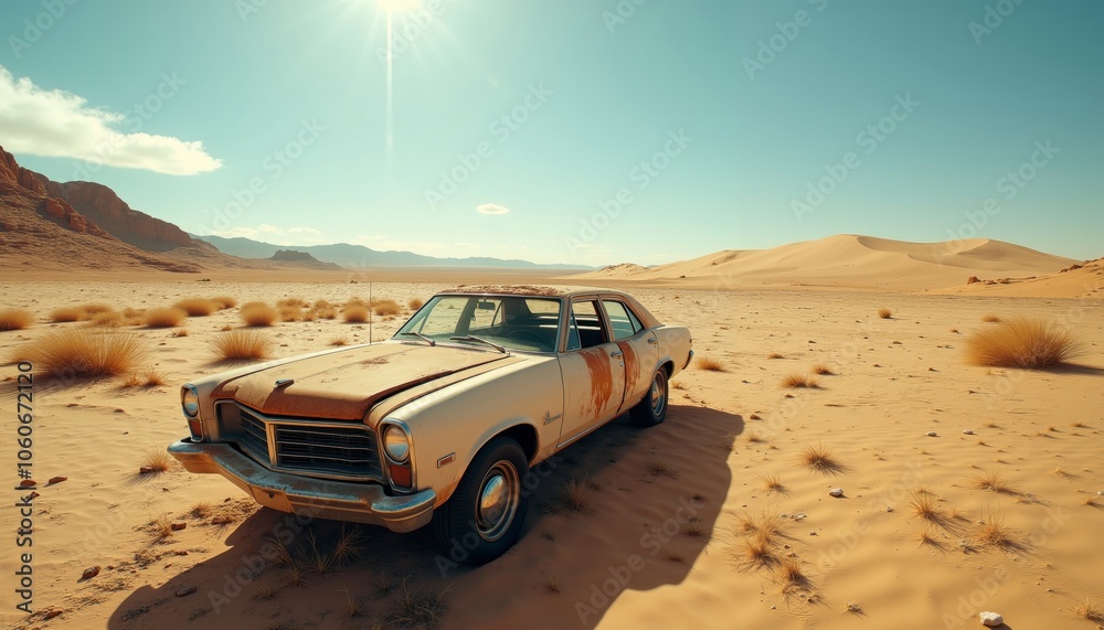 Obraz premium Vast Desert Landscape with Abandoned Car and Distant Sand Dunes.