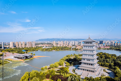 Aerial Scenery of Chang'an Tower in Xi'an World Expo Park, Shaanxi, China photo