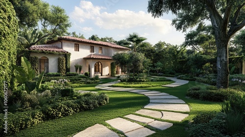 A winding stone path leads to a beautiful, Mediterranean-style home surrounded by lush greenery.