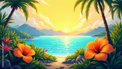 Vibrant Tropical Landscape with Lush Greenery and Orange Flowers.