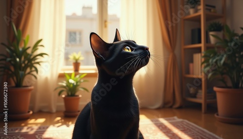 Sleek Black Cat in Profile Gazing Upwards with Alert Eyes.