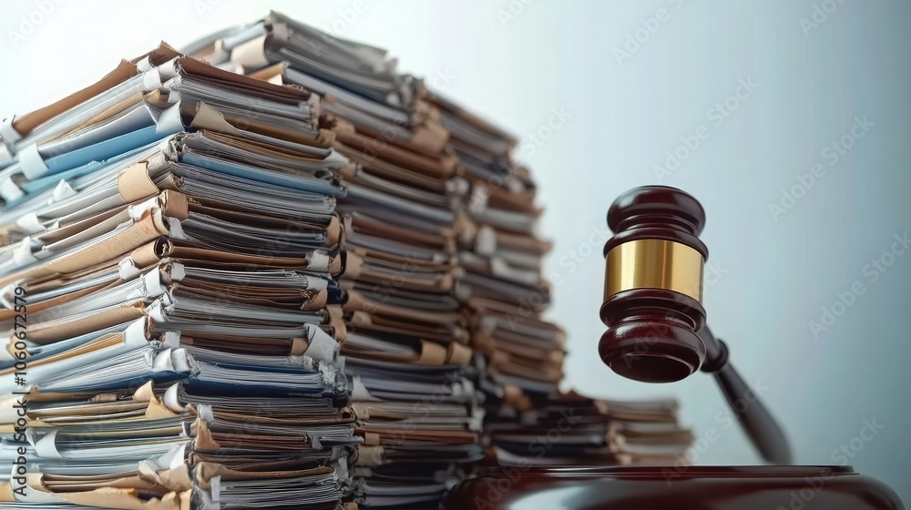 A wooden gavel stands before a large stack of files, symbolizing the weight of legal proceedings.