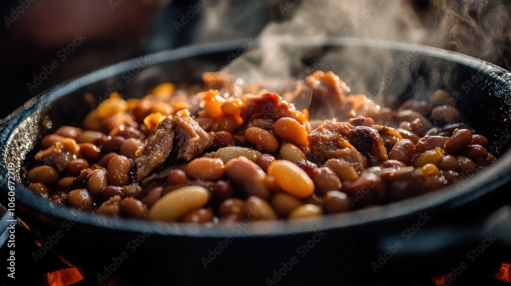 A steaming pot of mixed beans and meat cooking over an open flame. A steaming pot of mixed beans and meat cooking over an open flame.