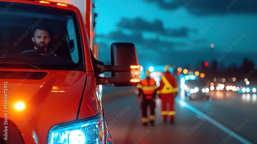 Emergency Responders at Night Scene with Ambulance Emergency Responders at Night Scene with Ambulance