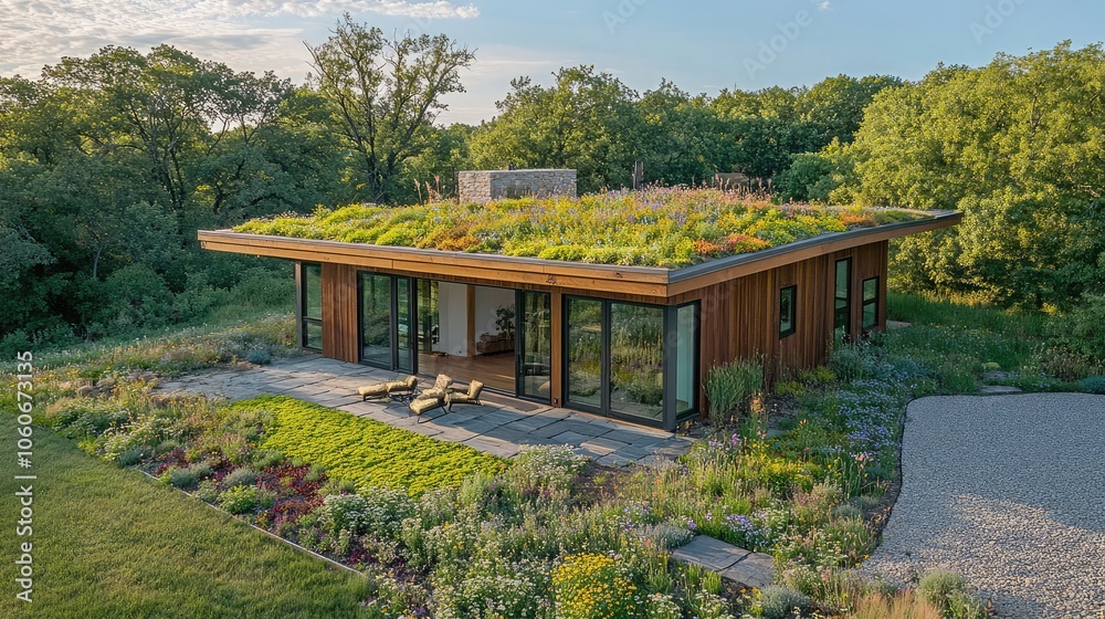 Modern house with a lush green roof blends seamlessly into the surrounding landscape. Modern house with a lush green roof blends seamlessly into the surrounding landscape.