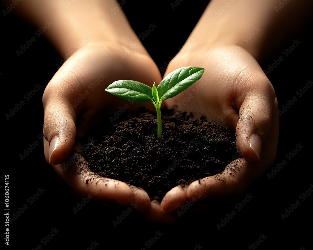 Hands tenderly cradling rich soil with a sprouting green plant, symbolizing nurturing and growth, illuminated by soft natural light that highlights the vitality of new life Hands tenderly cradling rich soil with a sprouting green plant, symbolizing nurturing and growth, illuminated by soft natural light that highlights the vitality of new life