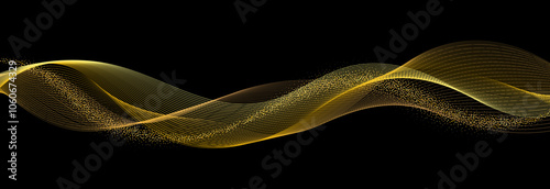 Abstract Gold Waves. Shiny golden lines and flowing dots paticles design element on black background for greeting card, invite, discount voucher, Christmas banner. Vector illustration 