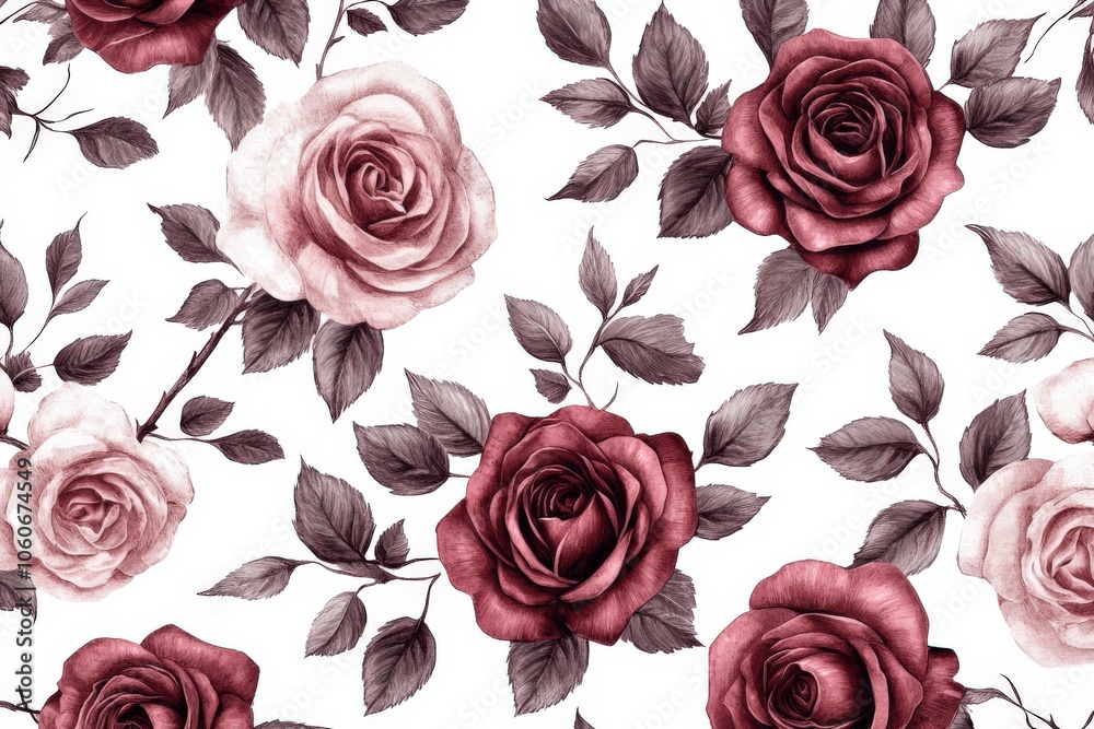 Watercolor Seamless Pattern of Pink and Red Roses with Greenery Watercolor Seamless Pattern of Pink and Red Roses with Greenery