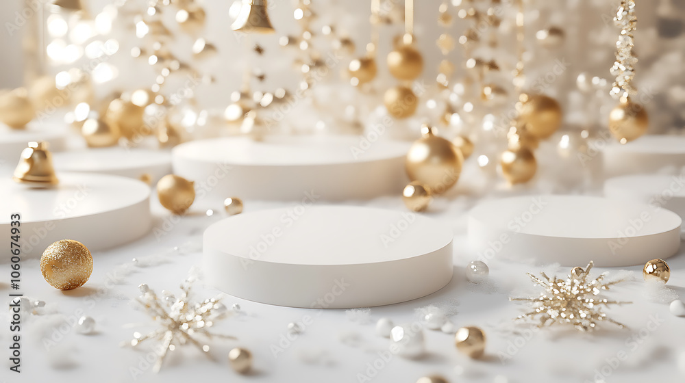 serene Christmas scene with empty white platforms and golden decorations serene Christmas scene with empty white platforms and golden decorations