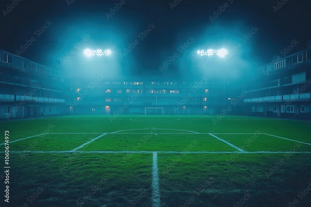 Fototapeta premium bright stadium lights illuminating a soccer field against a deep night sky capturing the excitement and energy of a game in progress evoking a sense of thrill and anticipation