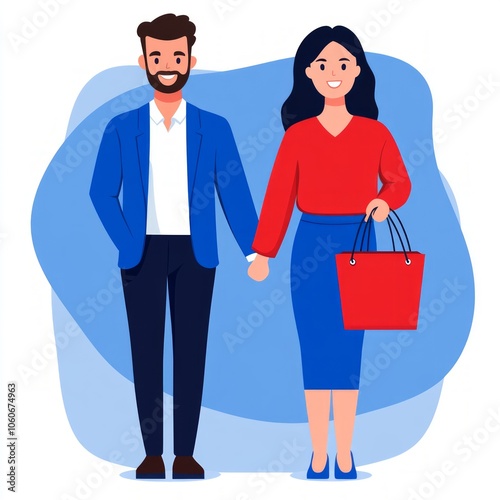 A happy couple holding hands with a woman carrying a red bag.