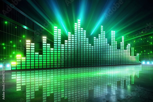 Night Photography of Line White Bars Equalizer with Green Screen Display for Music Visualization and Audio Analysis in Modern Digital Design