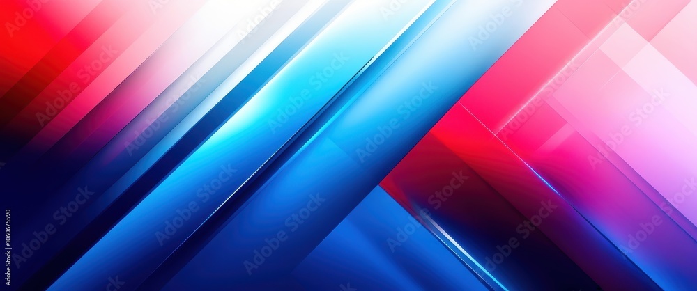 Abstract background, dynamic diagonal stripes, vibrant colors, red blue pink, gradient blend, motion blur effect, sharp contrasts, glossy texture, futuristic design, digital art, minimalist compositio