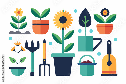 Set of flat gardening icons isolated white background