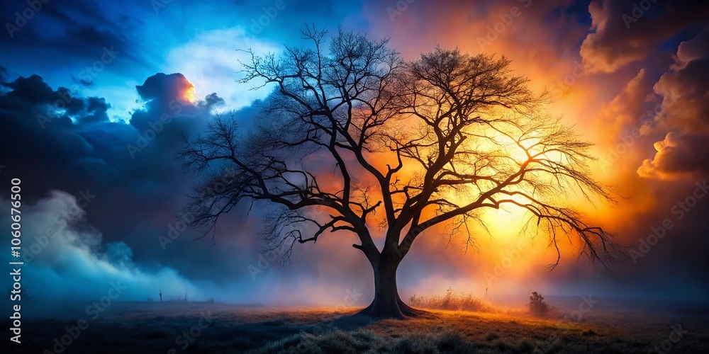 Night Photography of Silhouette Dry Tree Branches in Dark Scary Fog Cloud - Eerie Atmosphere, Mysterious Nature, Spooky Landscape, Haunting Scenery, Gothic Vibes, Atmospheric Effects