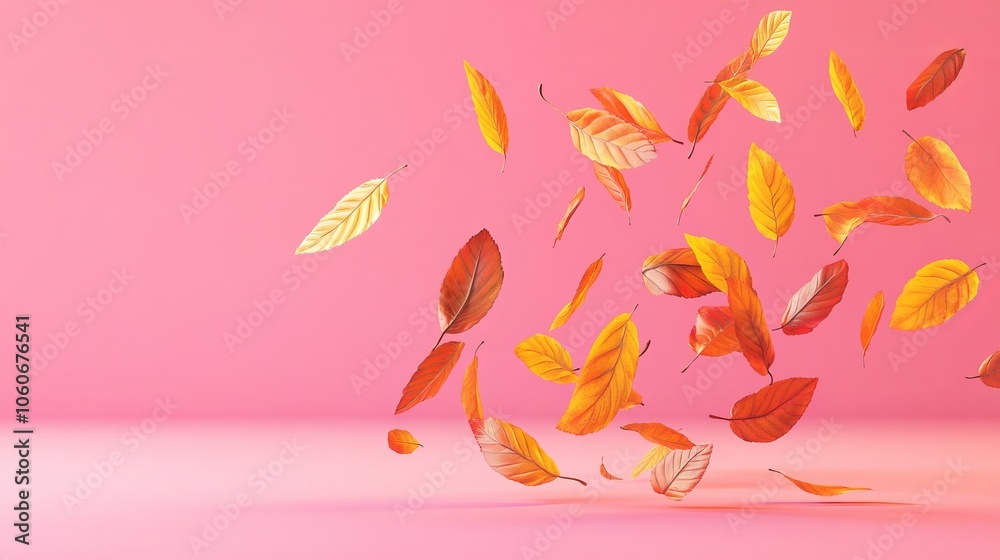 Bright Colorful Autumn Leaves Falling on Pink Background with Levitation Effect Bright Colorful Autumn Leaves Falling on Pink Background with Levitation Effect