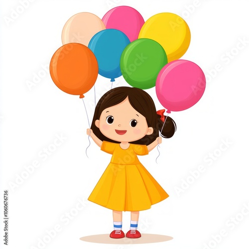 A happy little girl in a yellow dress holding colorful balloons.