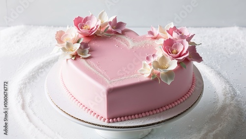 Delicate heart-shaped pink cake adorned with fresh flowers, perfect for a romantic celebration or special occasion