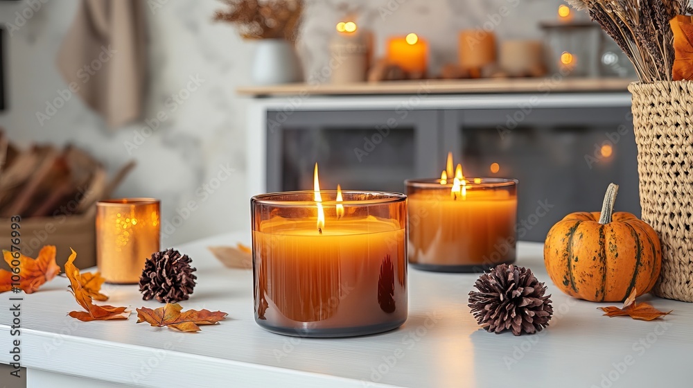 Burning Candles with Autumn Decor on White Table for Cozy Fall Home Ambiance Burning Candles with Autumn Decor on White Table for Cozy Fall Home Ambiance